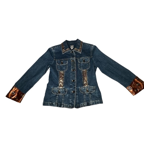 J. Jill Stretch Denim Jacket With Jewels & Metallic Gold Pattern Women's Size S - Picture 8 of 16